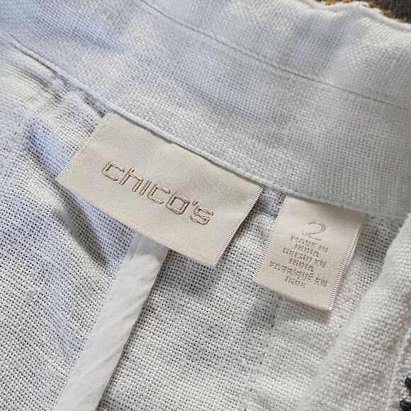 CHICOS Heavyweight Linen Western Embroidered Mid Length Cardigan Jacket Size 2 - Picture 7 of 11